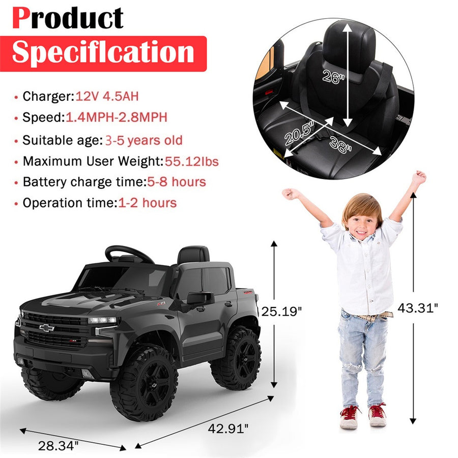 12V Ride on Toys, Battery Powered Chevrolet Silverado Kids Ride on Cars with Remote Control, Ride on Truck Car for Boys Girls, Black Electric Cars Birthday Christmas Gifts with Spring Suspension,Light, L