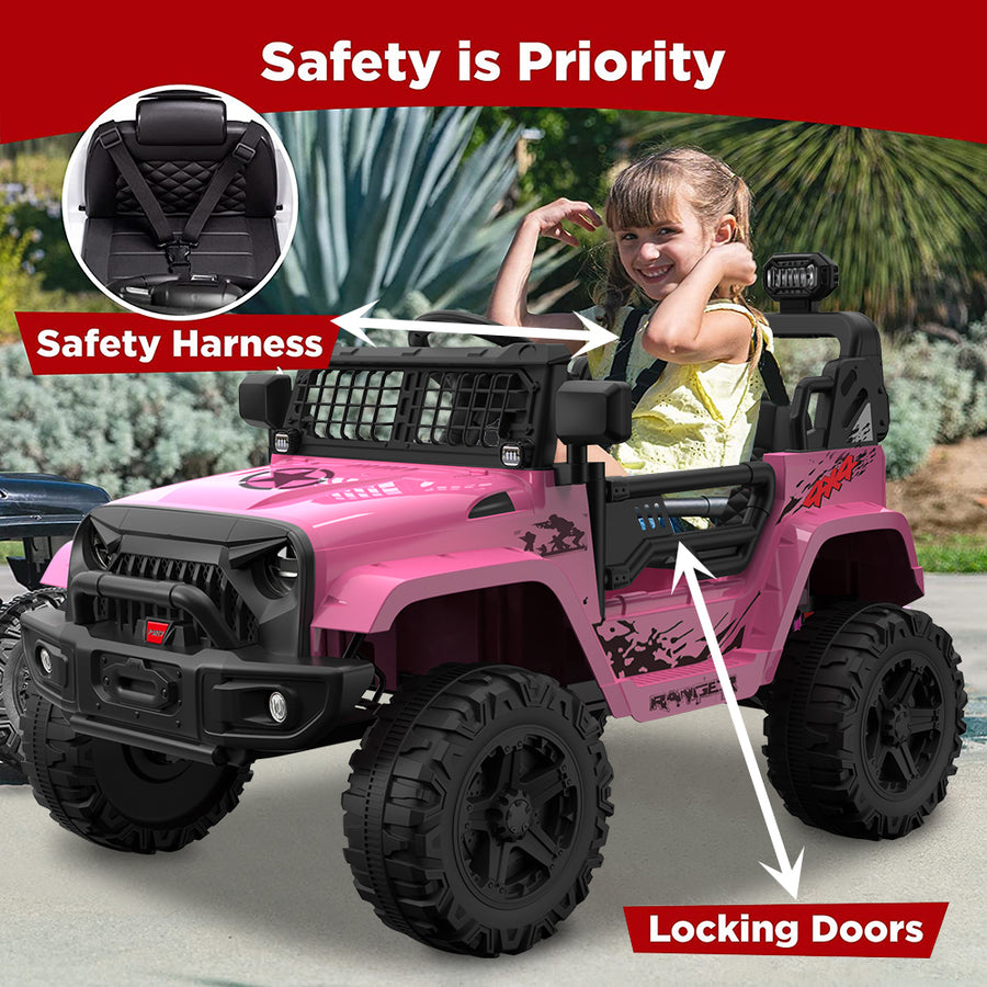 Electric Vehicles for Kids, 12V Ride on Cars with 2.4G Remote Control, Electric Ride on Truck Car with LED Lights, FM, Seatbelt, Pink Battery-Powered Ride on Toys for Boys Girls, 3 Speeds, LL729