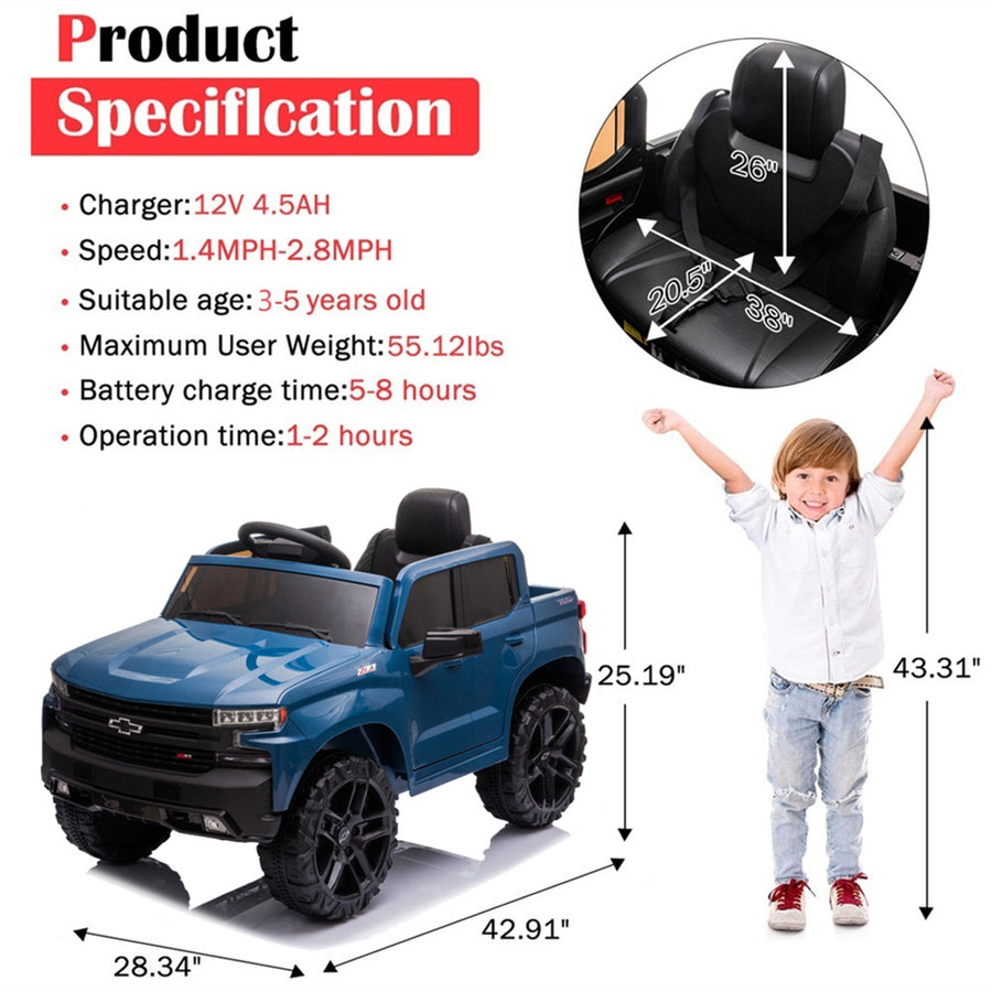 Ride on Cars with Remote Control, Chevrolet Silverado 12V Battery Powered Ride on Toys for Kids, Ride on Truck Car for Boys Girls, Blue Electric Cars Birthday Christmas Gifts, Suspension, LED Light, L