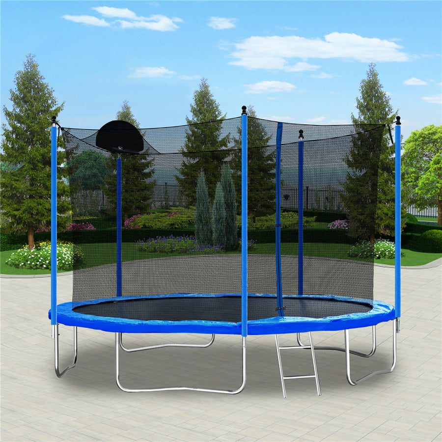 SEGMART Trampoline for Kids, New Upgraded 12 Feet Outdoor Trampoline with Enclosure Net, Basketball Hoop and Ladder, Heavy Duty Blue Round Trampoline for Outdoor Backyard, L