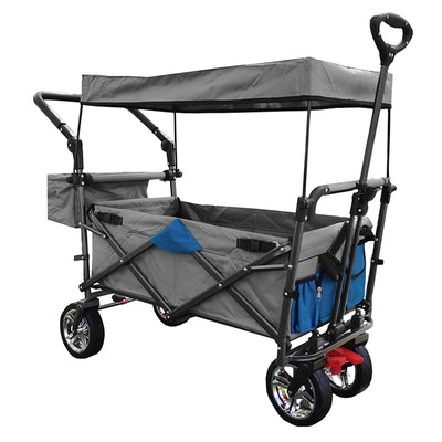 Outdoor Folding Utility Wagon with Removable Canopy, Collapsible Beach Wagon Cart with 360 Rotating Front Wheels and Drink Holders, Portable Garden Cart for Camping, Picnic, Beach, TR44