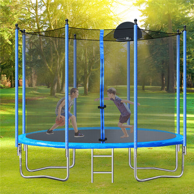 Trampoline for Kids, New Upgraded 10 Feet Outdoor Trampoline with Safety Enclosure Net, Basketball Hoop and Ladder, Heavy Duty Round Trampoline for Indoor Outdoor Backyard, I9348